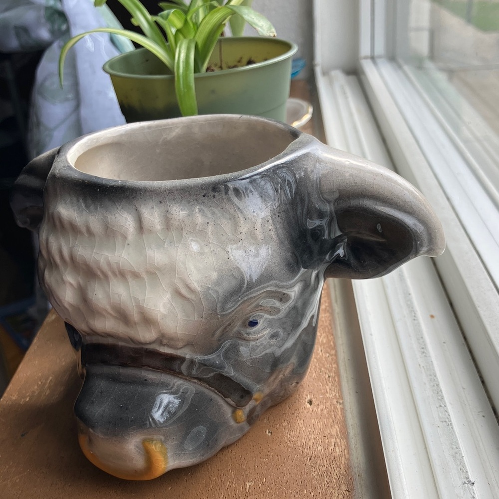 Gray and White Ceramic Bull Planter
